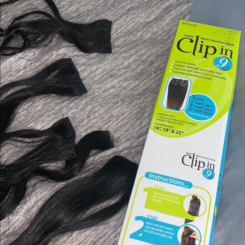 BLACK CLIP IN HAIR EXTENSIONS 9 PC 18 INCHES